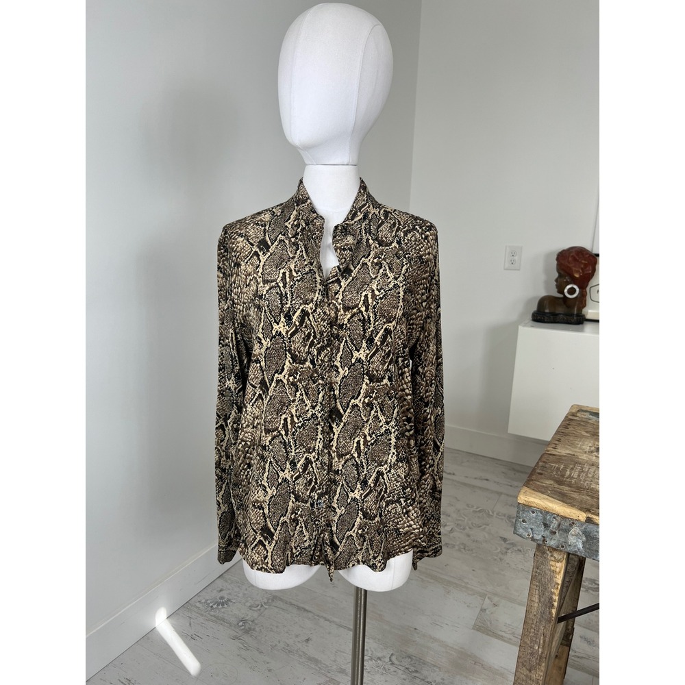 Allison Taylor Womens Brown Snakeskin Print 100% Silk Button Down Blouse Medium